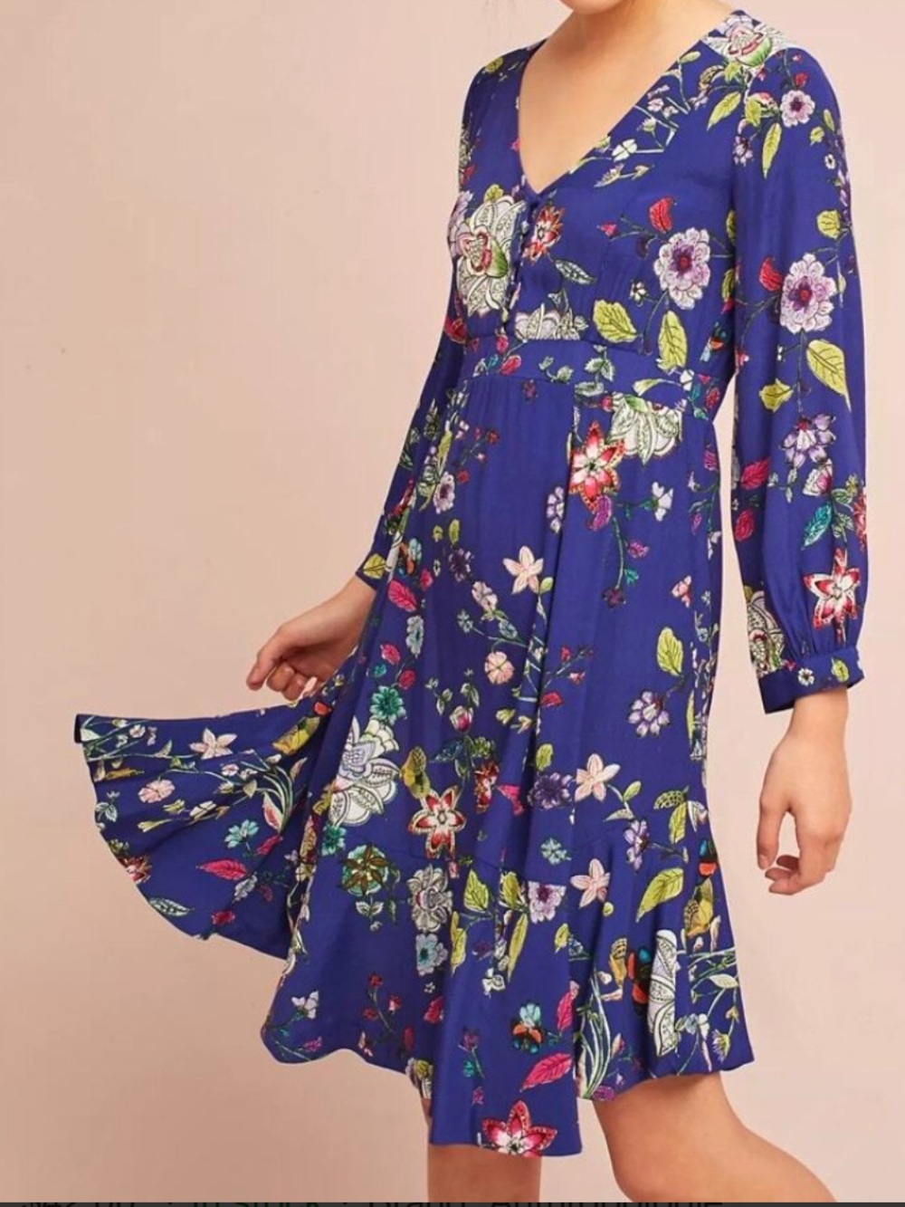 Maeve by Anthropologie: Navy Blue Floral Long Sleeve V-Neck Dress